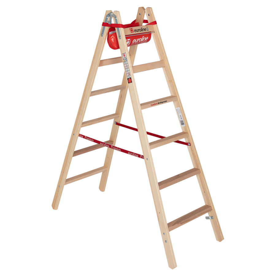 Euroline Holz Sprossenstehleiter mit Comfort-Breitsprossen und Eimerhaken 2x6 Sprossen