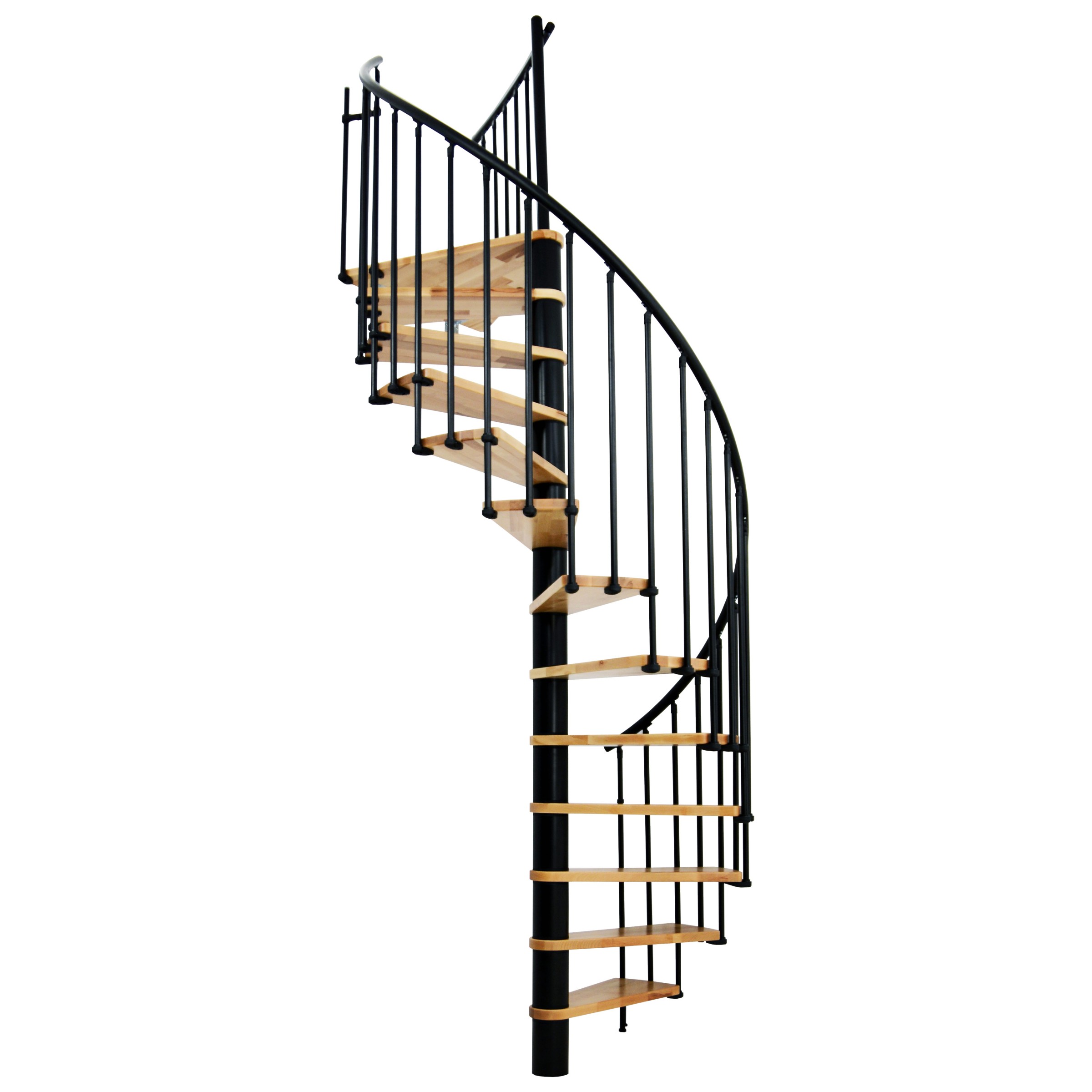 Minka Spindeltreppe Berlin in schwarz mit Buchestufen bis 309cm Geschosshöhe Ø140cm