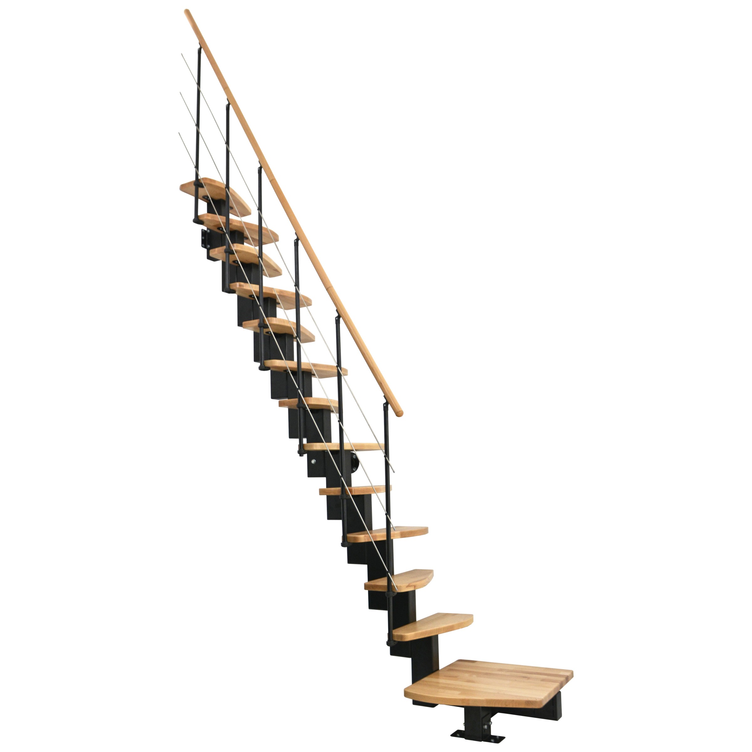 Minka Mittelholmtreppe Quatro ¼-gewendelt in Buche klar lackiert, UK schwarz mit 322cm Geschosshöhe