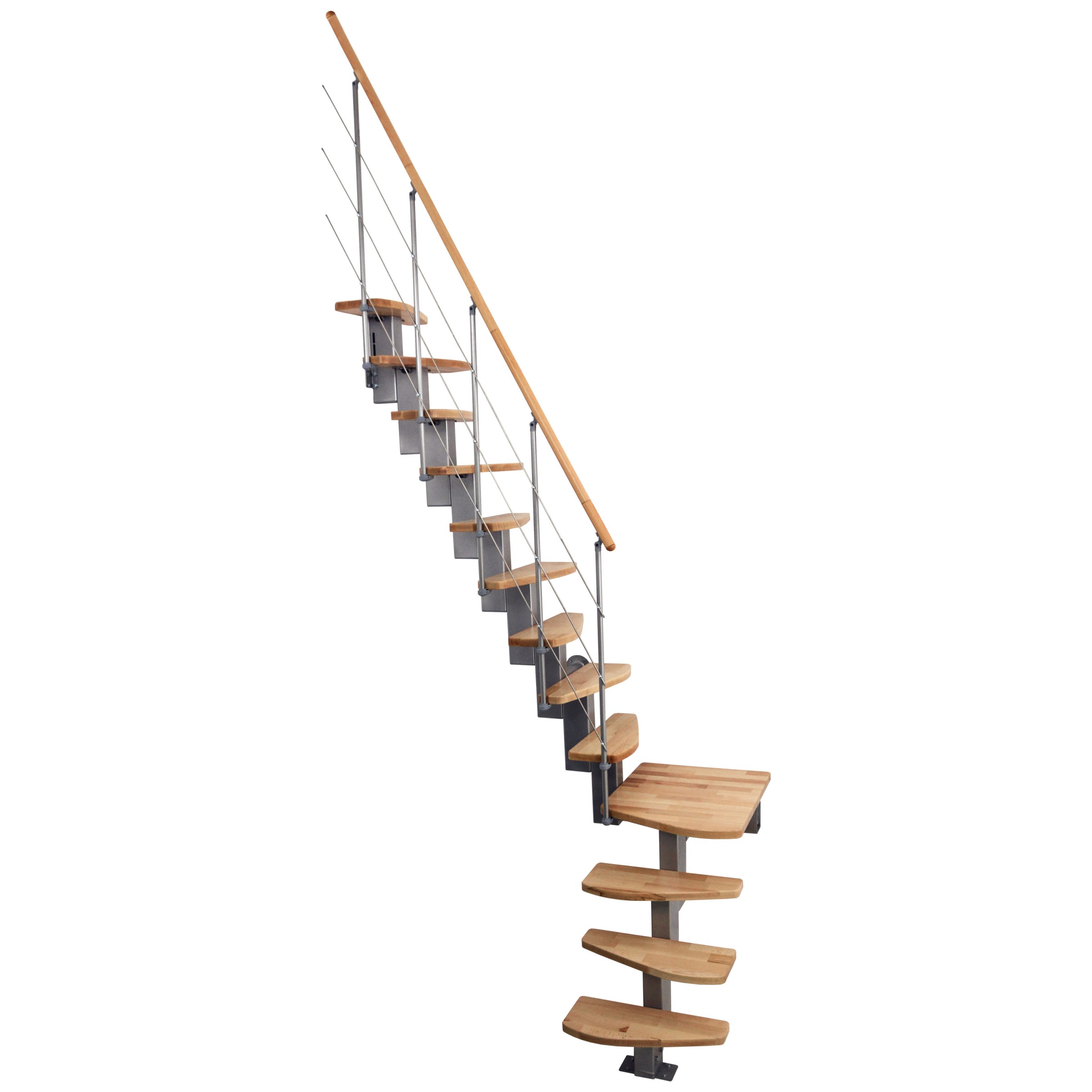 Minka Mittelholmtreppe Quatro ¼-gewendelt in Buche auf Walnuss gebeizt, UK grau mit 345cm Geschosshöhe