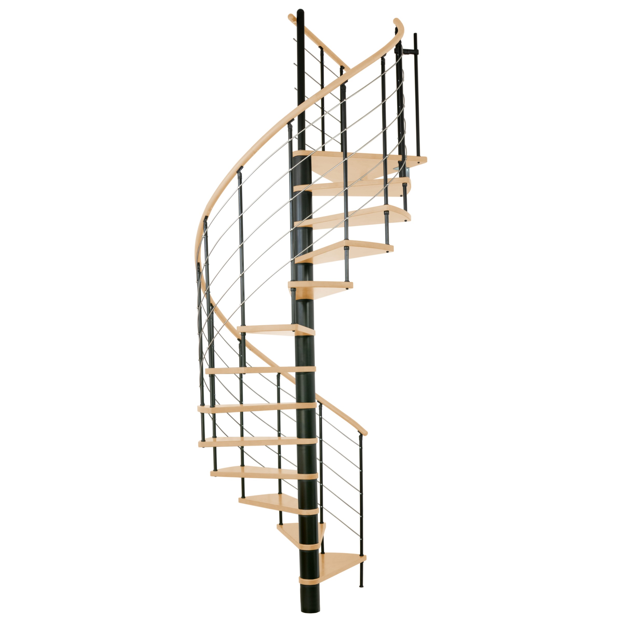 Minka Spindeltreppe Venezia Buche keilgezinkt mit Massivholzhandlauf und UK in schwarz Ø120cm bis 309,4cm Geschosshöhe