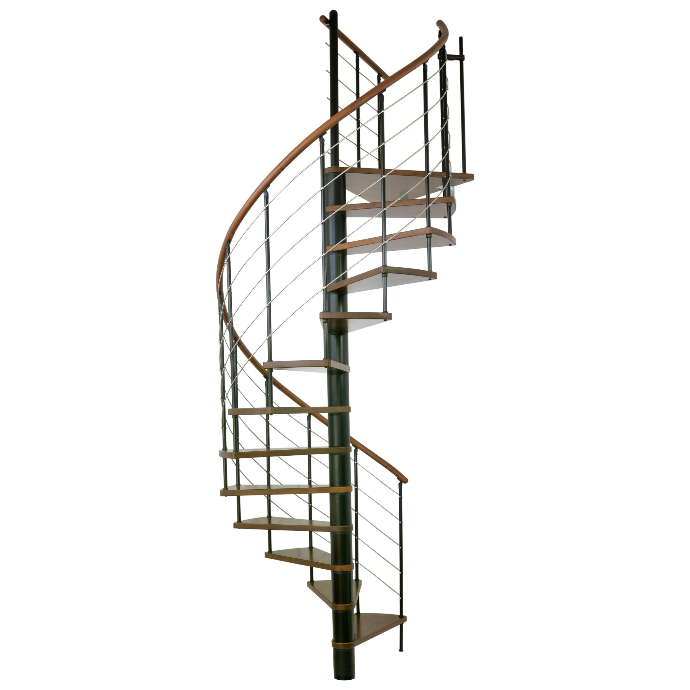 Minka Spindeltreppe Venezia Buche auf Walnuss lackiert mit Handlauf und UK in schwarz Ø140cm bis 309,4cm Geschosshöhe