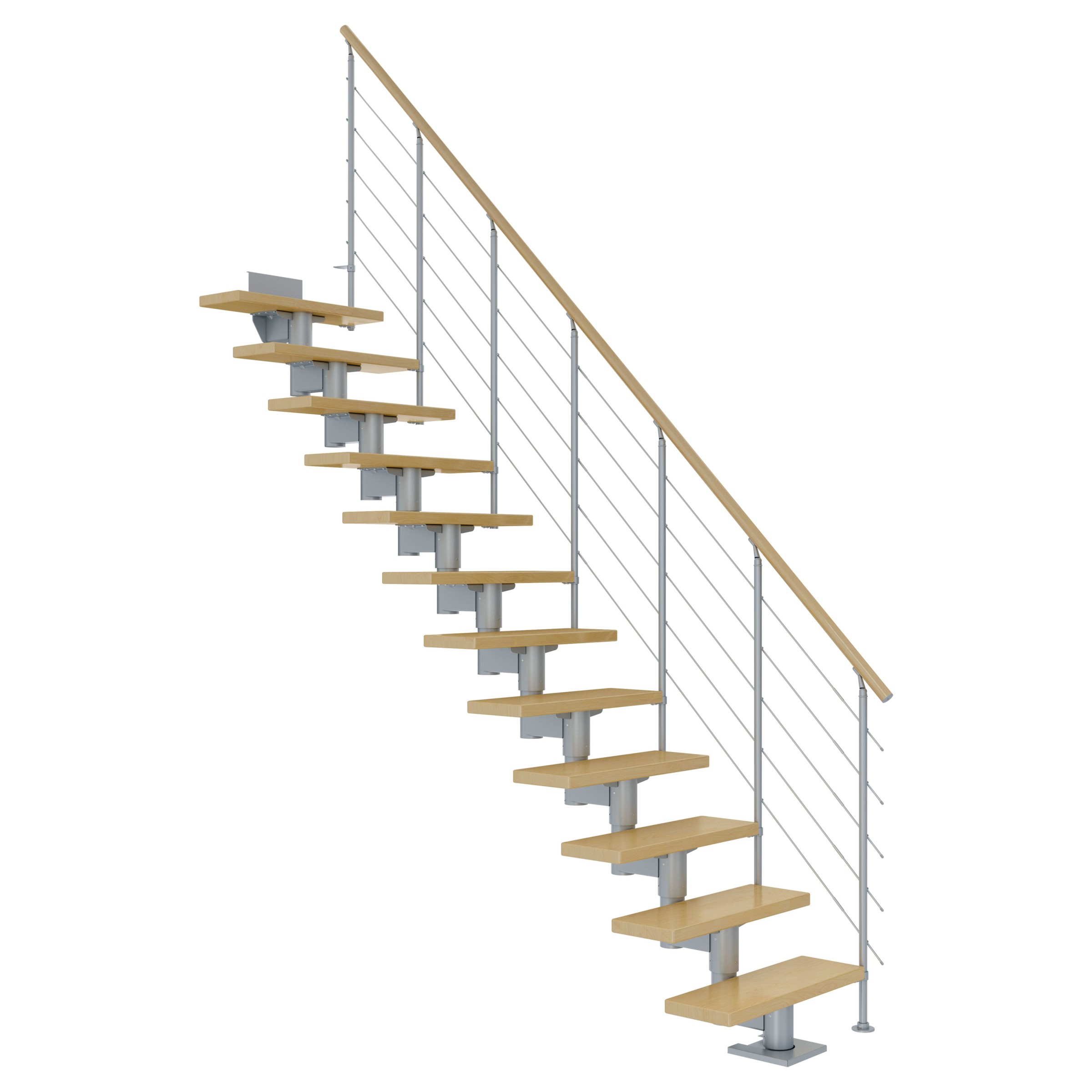 Dolle Mittelholmtreppe Cork Buche, lackiert Gerade 75 cm breit für GH 222 – 270 cm UK Metall Perlgrau mit Geländer