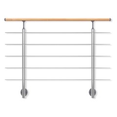 Dolle Brüstungsgeländer zur Wandmontage 1,5m Aluminium mitlaufende Edelstahlstäbe, Pfosten rund, Handlauf Buche versiegelt, rund