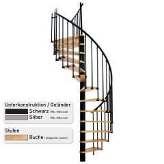 Minka Spindeltreppe Berlin in silber mit Buchestufen bis 309cm Geschosshöhe Ø120/140cm