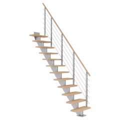 Dolle Mittelholmtreppe Frankfurt Gerade Eiche weiß, geölt 65 cm breit für GH 240 – 279 cm UK Metall Perlgrau mit Geländer