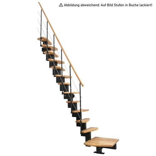 Minka Mittelholmtreppe Quatro ¼-gewendelt in Buche auf Walnuss gebeizt, UK weiß mit 345cm Geschosshöhe