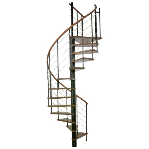 Minka Spindeltreppe Venezia Buche auf Walnuss lackiert mit Handlauf und UK in schwarz Ø120cm bis 309,4cm Geschosshöhe