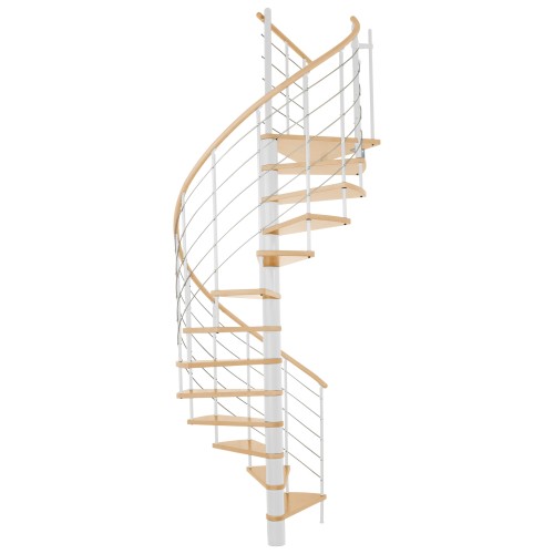 Minka Spindeltreppe Venezia Buche keilgezinkt mit Massivholzhandlauf und UK in weiß Ø140cm bis 309,4cm Geschosshöhe