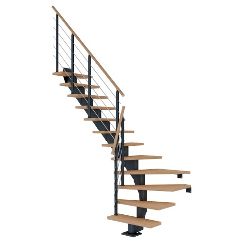 Dolle Mittelholmtreppe Hamburg 1/4 gewendelt Eiche weiß, geölt 85 cm breit für GH 222 – 258 cm UK Metall Anthrazit mit 