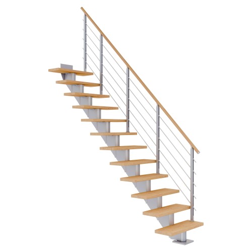 Dolle Mittelholmtreppe Hamburg Gerade Eiche weiß, geölt 75 cm breit für Geschosshöhen 278 – 322 cm UK Metall Perlgrau inkl. einseitigem Designgeländer