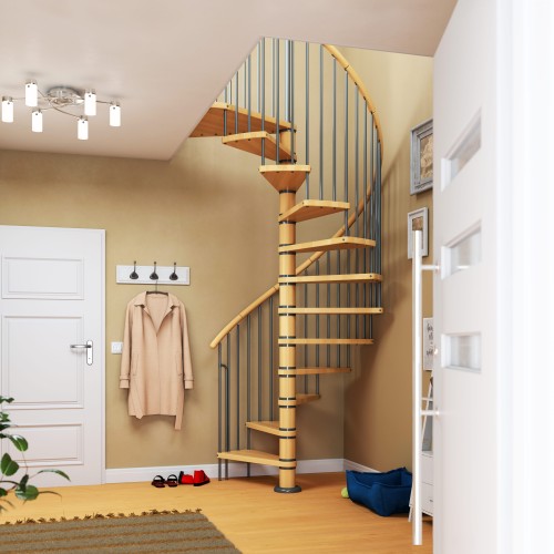 Dolle Spindeltreppe Winnipeg 266,5-292,5cm Geschosshöhe 12 Stufen Ø140cm Buche geölt