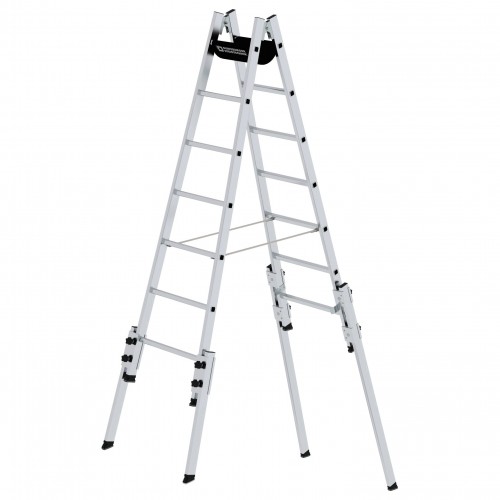 MUNK Aluminium Stehleiter, treppengängig, mit 4 Holmverlängerungen 2x7 Sprossen