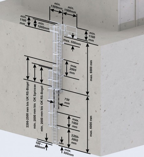MUNK ortsfeste Steigleitern Aluminium eloxiert, 18,76m SH PG2