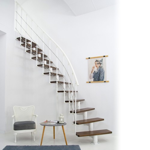 Minka Mittelholmtreppe Comfort in Buche auf Walnuss Unterkonstruktion weiß bis 312-336cm Geschösshöhe