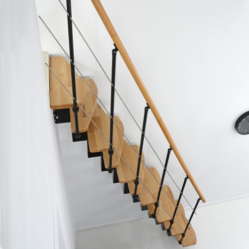 Minka Mittelholmtreppe Quatro Geradelaufend in Buche auf Walnuss gebeizt, UK weiß mit 299cm Geschosshöhe