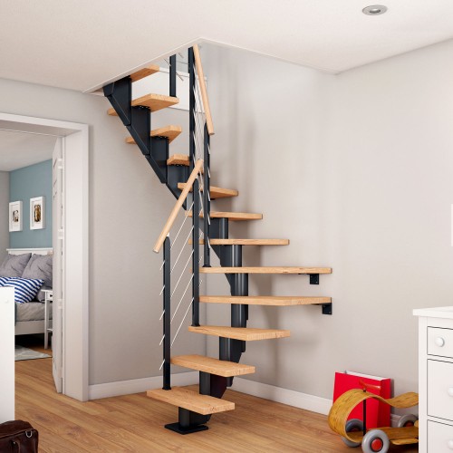 Dolle Mittelholmtreppe Frankfurt 1/2 gewendelt Eiche weiß, geölt 65 cm breit für GH 259 – 301 cm UK Metall Anthrazit mit 