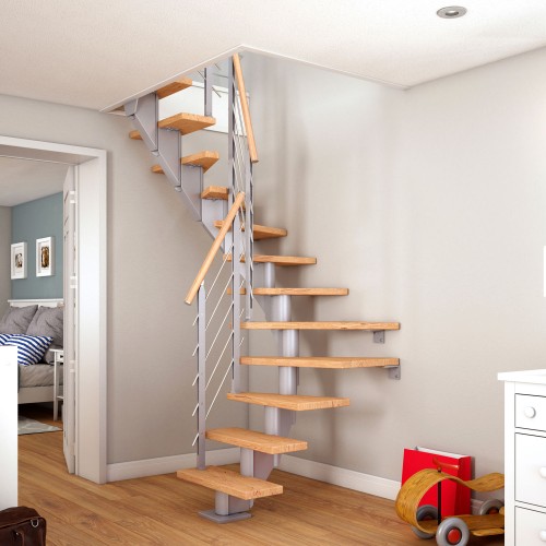 Dolle Mittelholmtreppe Frankfurt 1/2 gewendelt Eiche weiß, geölt 75 cm breit für GH 259 – 301 cm UK Metall Perlgrau mit Geländer