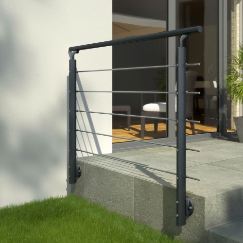 Dolle Brüstungsgeländer zur Wandmontage 1,5m Aluminium anthrazit mitlaufende Edelstahlstäbe Pfosten anthrazit oval, Handlauf weiß, rund