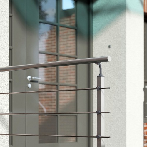 Dolle Brüstungsgeländer zur Bodenmontage Aluminium matt mitlaufende Edelstahlstäbe, Pfosten und Handlauf rechteckig
