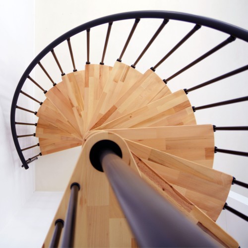 Minka Spindeltreppe Berlin in silber mit Buchestufen bis 309cm Geschosshöhe Ø120/140cm