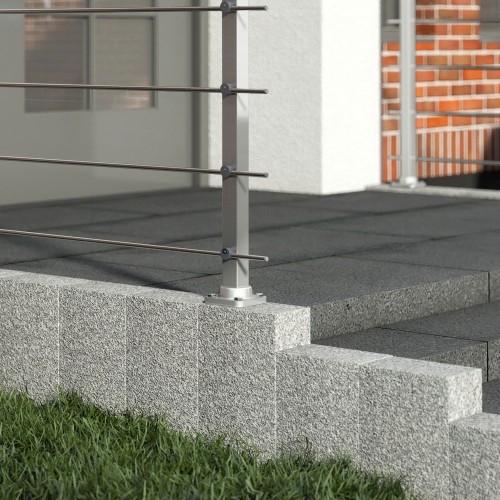 Dolle Brüstungsgeländer zur Bodenmontage Aluminium matt mitlaufende Edelstahlstäbe, Pfosten und Handlauf rechteckig