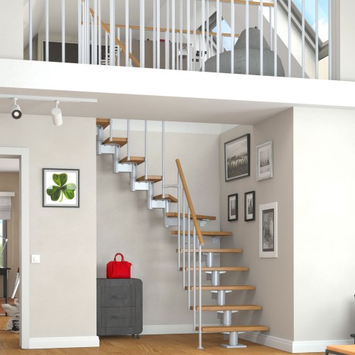 Dolle Mittelholmtreppe Cork Ahorn, lackiert 1/2 gewendelt 75 cm breit für GH 222 – 270 cm UK Metall Perlgrau mit Geländer