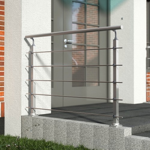 Dolle Brüstungsgeländer zur Bodenmontage Aluminium matt mitlaufende Edelstahlstäbe, Pfosten und Handlauf rechteckig