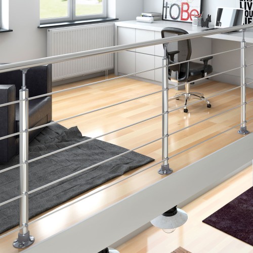 Dolle Brüstungsgeländer zur Bodenmontage Aluminium natur mitlaufende Edelstahlstäbe, Pfosten, Handlauf rund