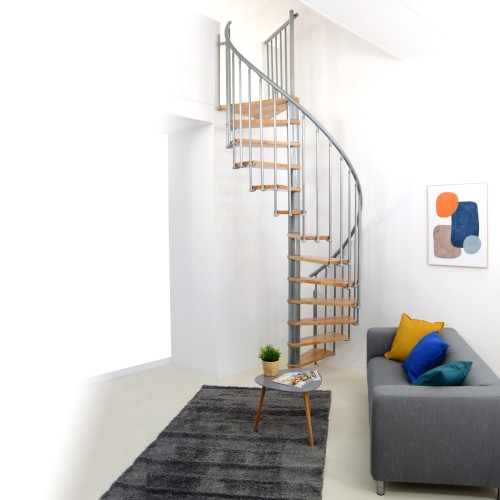 Minka Spindeltreppe Berlin in silber mit Buchestufen bis 309cm Geschosshöhe Ø120/140cm