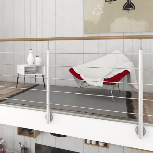 Dolle Brüstungsgeländer zur Wandmontage 1,5m Aluminium mitlaufende Edelstahlstäbe, Pfosten rund Handlauf Eiche versiegelt, rund