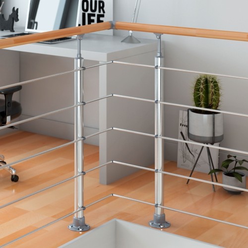 Dolle Brüstungsgeländer zur Bodenmontage Aluminium natur mitlaufende Edelstahlstäbe und Pfosten rund, Handlauf in Buche versiegelt