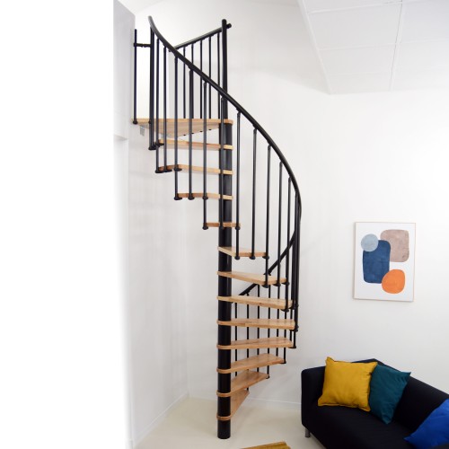 Minka Spindeltreppe Berlin in silber mit Buchestufen bis 309cm Geschosshöhe Ø120/140cm